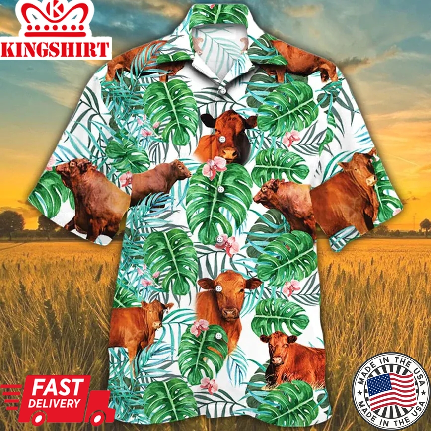 Red Angus Tropical Plant Trendy Hawaiian Shirt, Cow Trendy Hawaiian Shirt, Trendy Hawaiian Shirts For Men, Women