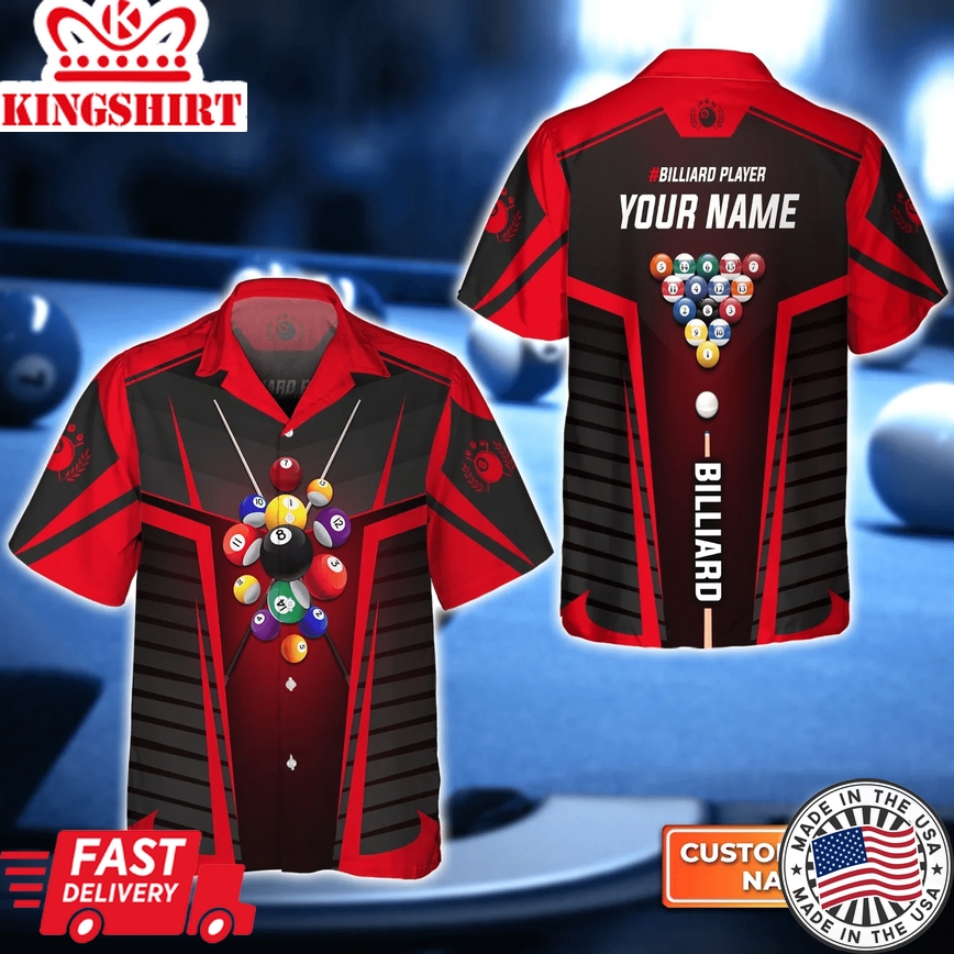 Red Billiard Balls Personalized Name 3D Trendy Hawaiian Shirt, Billiard Team Shirt, Summer Shirt Gift For Billiard Lover