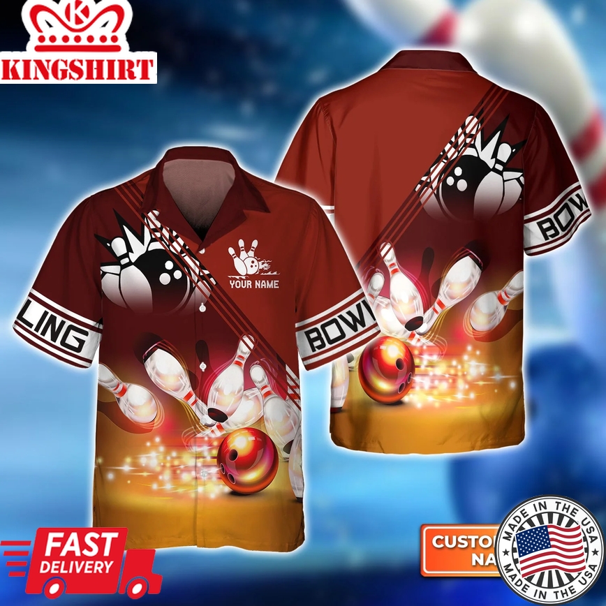 Red Bowling Ball Crashing Into The Pins Trendy Hawaiian Shirt, Bowling Trendy Hawaiian Shirt For Men, Women, Bowling Team Shirt