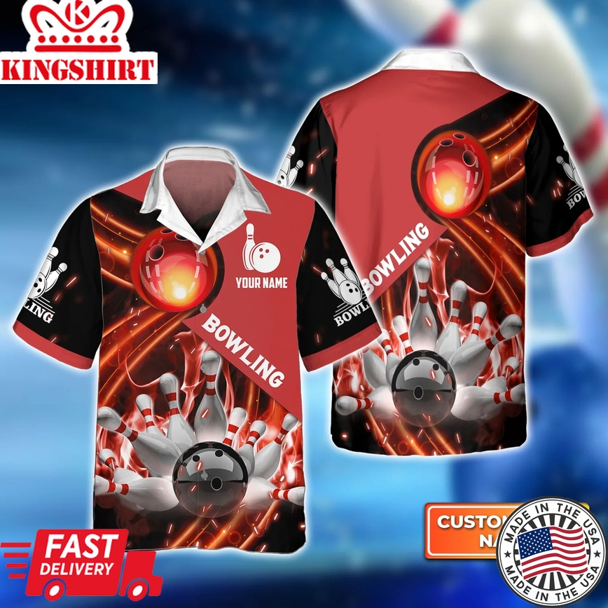 Red Bowling Ball In Fire 3D Trendy Hawaiian Shirt, Bowling Trendy Hawaiian Shirt For Men, Women, Bowling Team Shirt