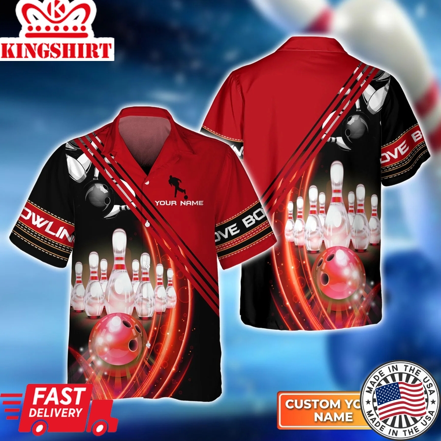 Red Bowling Ball In Motion And The Pins Trendy Hawaiian Shirt, Bowling Trendy Hawaiian Shirt For Men, Women, Bowling Team Shirt