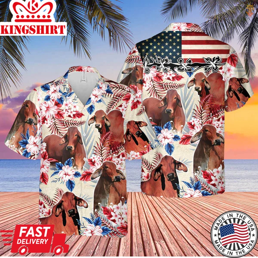 Red Brahman Cattle American Flag Flowers Trendy Hawaiian Shirt, Farm Trendy Hawaiian Shirt For Men And Women