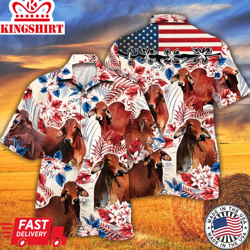 Red Brahman Cattle Lovers American Flag Trendy Hawaiian Shirt, Cow Trendy Hawaiian Shirt For Summer Gifts