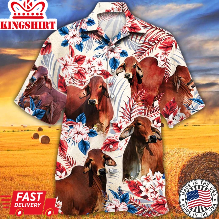 Red Brahman Cattle Lovers American Flag Trendy Hawaiian Shirt, Cow Trendy Hawaiian Shirt Vintage Flower, Trendy Hawaiian Shirt Men, Trendy Hawaiian Shirt Women