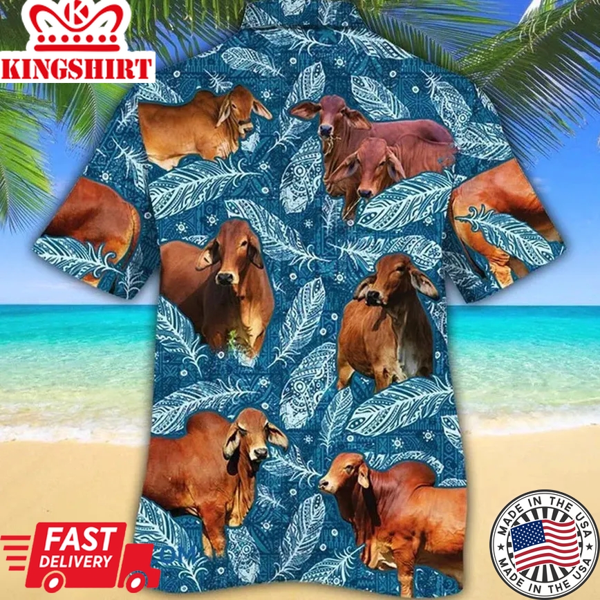 Red Brahman Cattle Lovers Blue Feather Hawaii Trendy Hawaiian Shirt