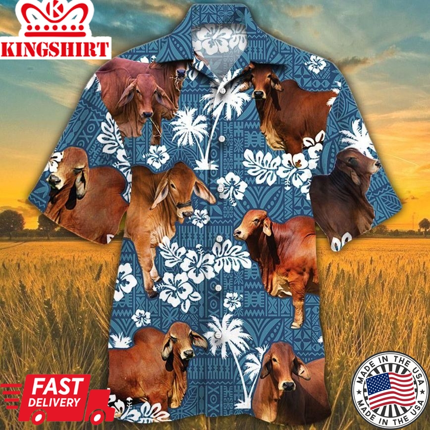 Red Brahman Cattle Lovers Blue Tribal Pattern Trendy Hawaiian Shirt, Cow Trendy Hawaiian Shirt For Summer Gifts