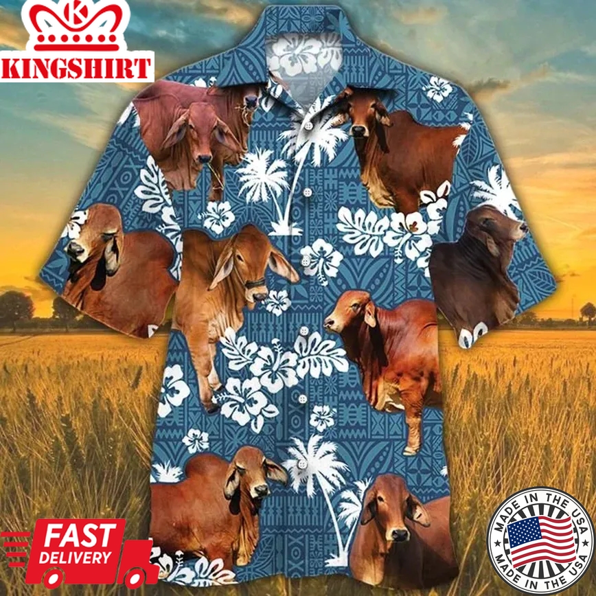 Red Brahman Cattle Lovers Blue Tribal Pattern Trendy Hawaiian Shirt, Cow Trendy Hawaiian Shirts, Cow Aloha Shirt For Men, Hawaii Shirt Woman