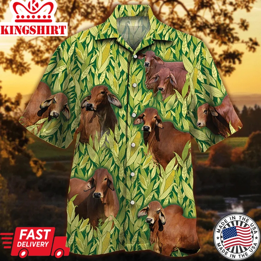 Red Brahman Cattle Lovers Corn Pattern Trendy Hawaiian Shirt, Cow Trendy Hawaiian Shirt For Summer Gifts