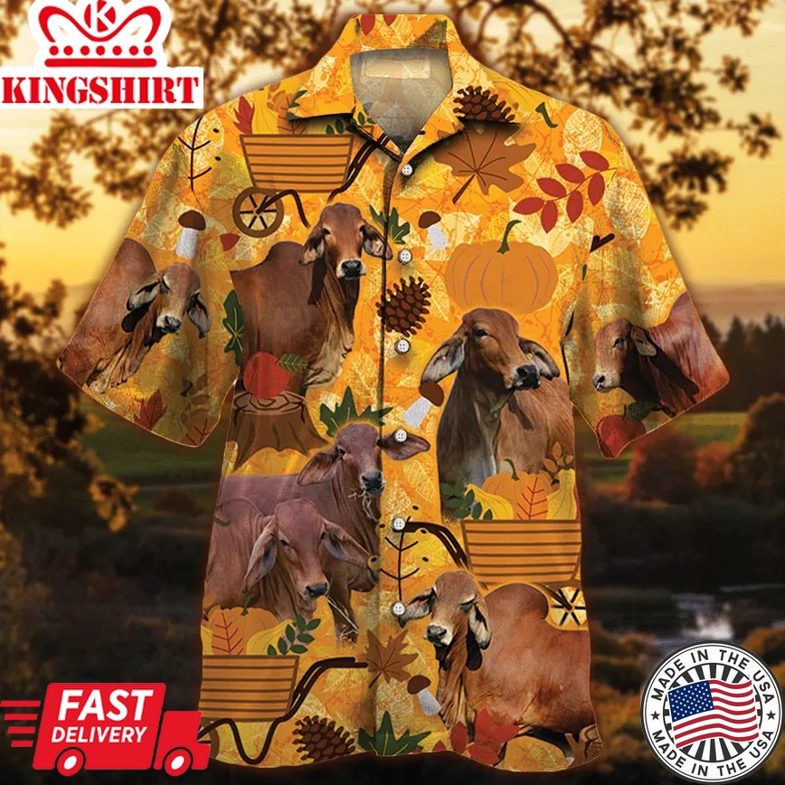 Red Brahman Cattle Lovers Orange Nature Autumn Trendy Hawaiian Shirt, Cow Trendy Hawaiian Shirt For Summer Gifts