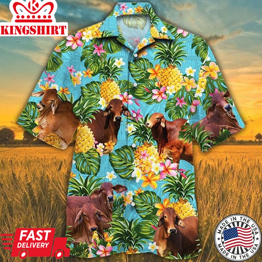 Red Brahman Cattle Lovers Pineapple Trendy Hawaiian Shirt, Cow Trendy Hawaiian Shirt For Summer Gifts