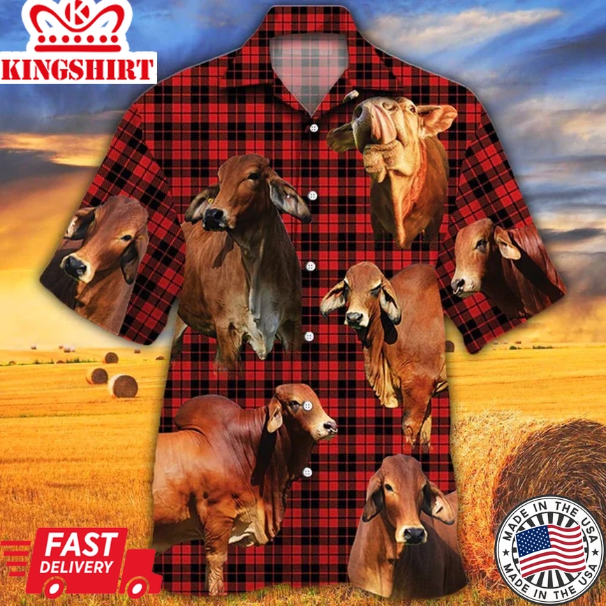 Red Brahman Cattle Lovers Red Tartan Pattern Trendy Hawaiian Shirt - Animal Trendy Hawaiian Shirt, Cow Aloha Shirt, Gift For Cow Lovers