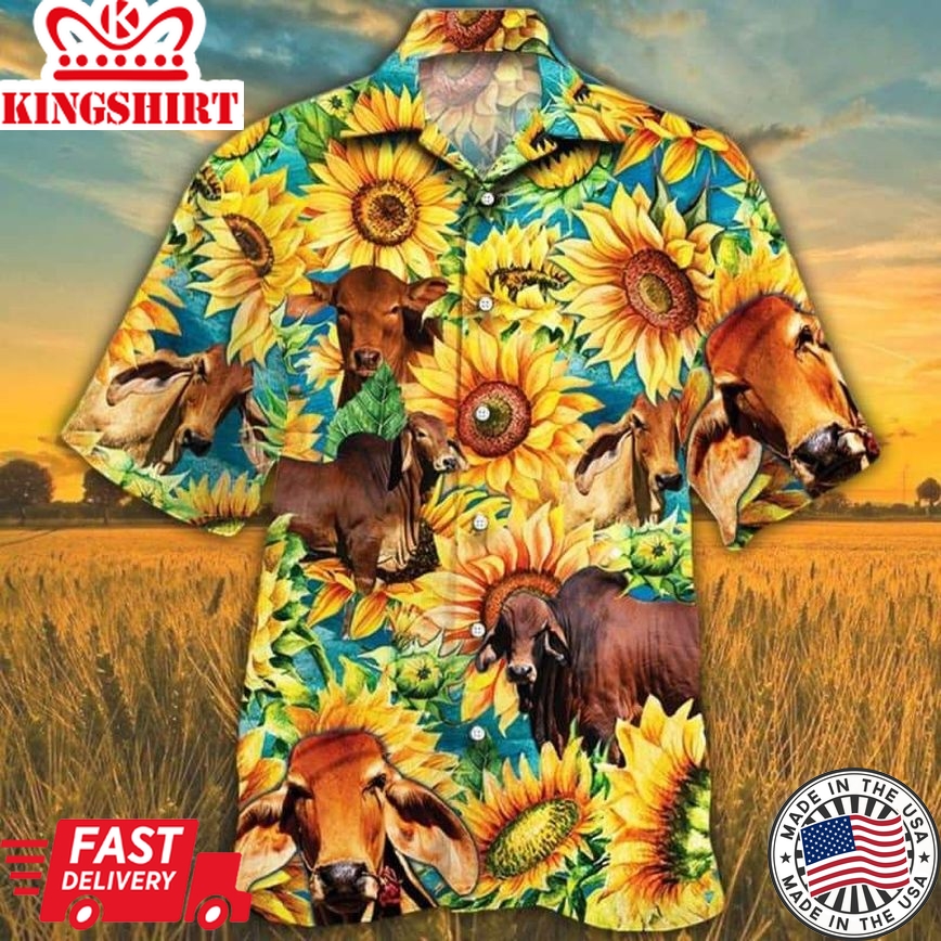 Red Brahman Cattle Lovers Sunflower Watercolor Trendy Hawaiian Shirt, Cow Trendy Hawaiian Shirt For Summer Gifts