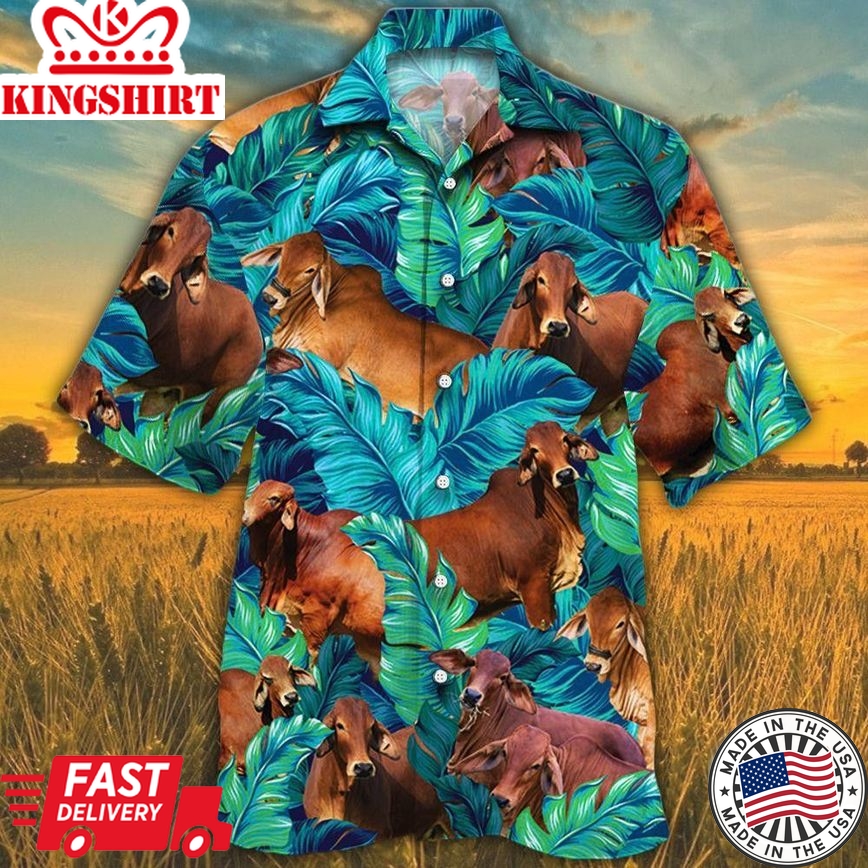 Red Brahman Cattle Lovers Trendy Hawaiian Shirt, Cow Trendy Hawaiian Shirt For Summer Gifts