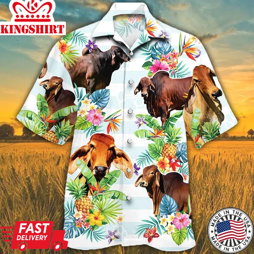 Red Brahman Cattle Lovers Tropical Flower Trendy Hawaiian Shirt, Cow Summer Trendy Hawaiian Shirt