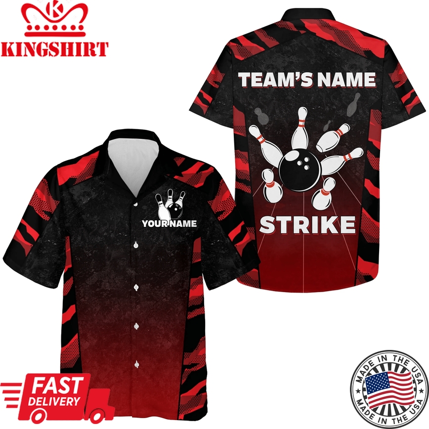 Red Camo Hawaiian Bowling Shirt For Men, Custom Name Team Name Bowling Jersey Strike Bowling Shirt