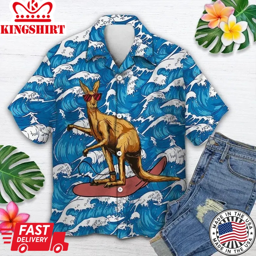 Red Glasses Kangaroo Surfing On Ocean Waves Trendy Hawaiian Shirt