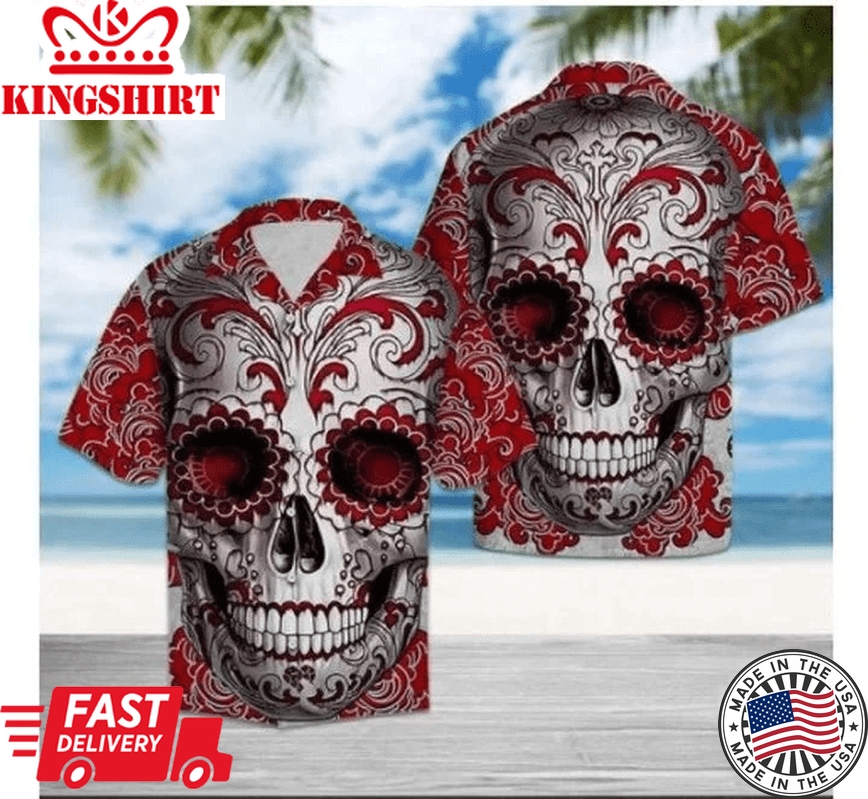 Red Skull Floral Trendy Hawaiian Shirt, Style Shirt, Summer Shirt, Skull Shirts Men's, Print 3D Shirts