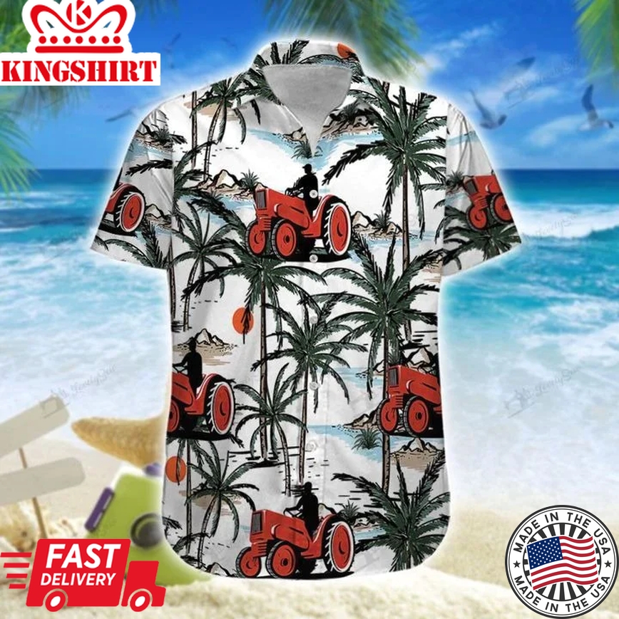 Red Tractor On The Beach All Printed 3D Trendy Hawaiian Shirt, Trendy Hawaiian Shirt Gift For Men And Women