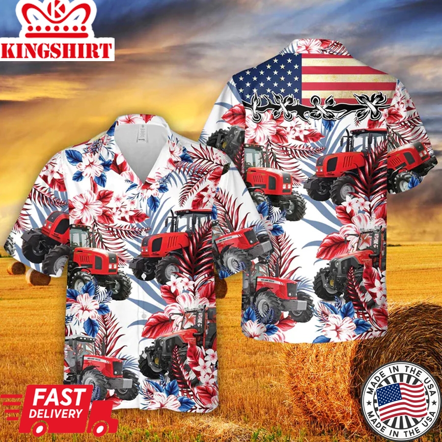 Red Tractors American Flag Hawaiian Flowers All Over Printed 3D Trendy Hawaiian Shirt