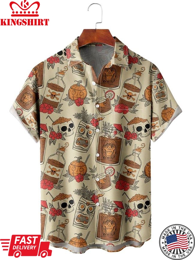 Retro Drink Tiki Skull Print Short Sleeve Shirt Casual Hawaiian Aloha Shirt