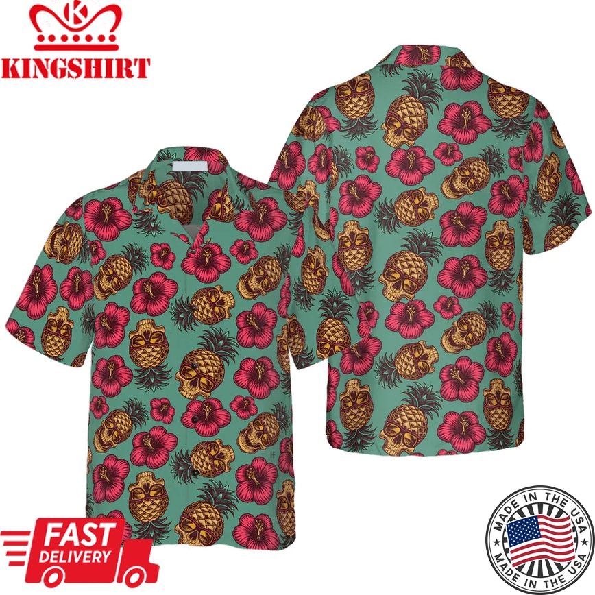 Retro Pineapple Skull Pattern Trendy Hawaiian Shirt, Summer Trendy Hawaiian Shirt For Men And Women