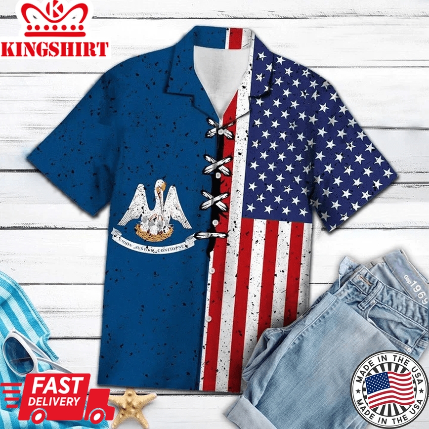 Retro Style Louisiana Usa Flag Pattern Trendy Hawaiian Shirt, Summer Hawaii Shirt For Men Women