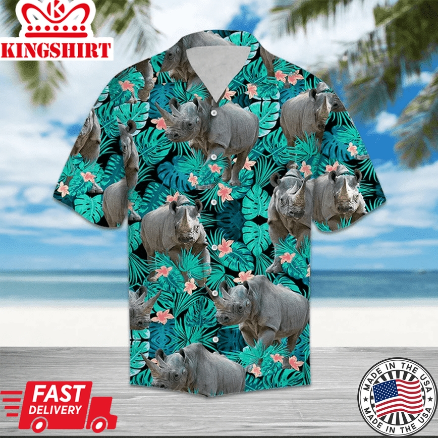 Rhino Tropical Leave And Flowers Trendy Hawaiian Shirt