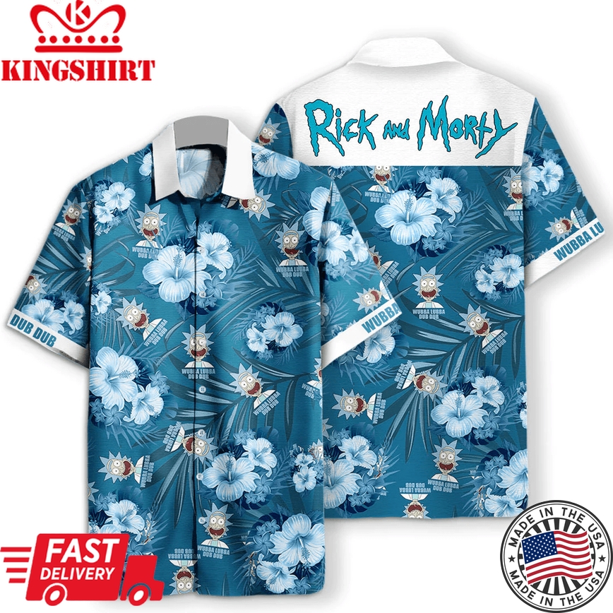 Rick And Morty Trendy Hawaiian Shirt Rick Wubba Lubba Dub Dub Tropical Pattern Blue White Hawaii Aloha Shirt 2022