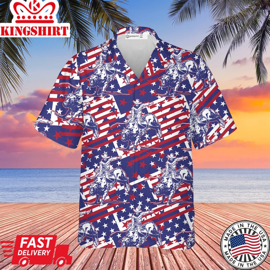 Rodeo Bull Rider Patriotic American Flag Trendy Hawaiian Shirt, Cowboys Button Down Summer Beach Dress Shirts