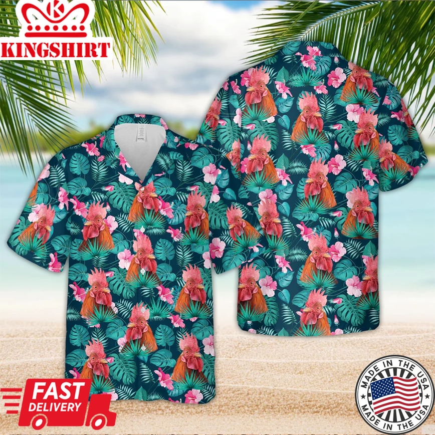 Rooster Blue Floral Summer 3D Trendy Hawaiian Shirt