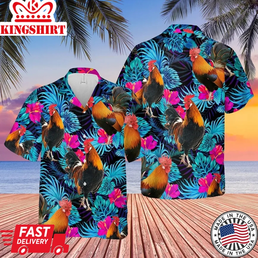 Rooster Blue Neon Tropical Hawaii Shirt, Chicken Lover Trendy Hawaiian Shirt For Summer Gifts