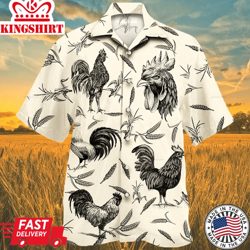 Rooster Farm Lovers Trendy Hawaiian Shirt, Animal Farm Rooster Men Trendy Hawaiian Shirts