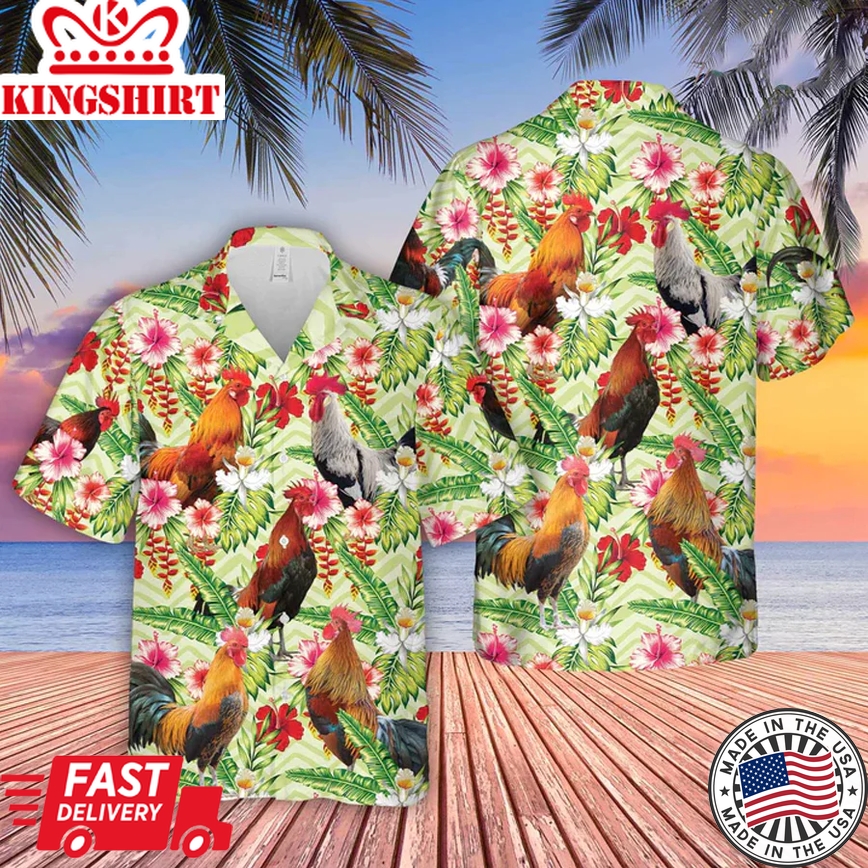 Rooster Hibicus Floral 3D Trendy Hawaiian Shirt, Farm Lover Hawaii Shirt, Hawaiian Casual Button Down Shirt