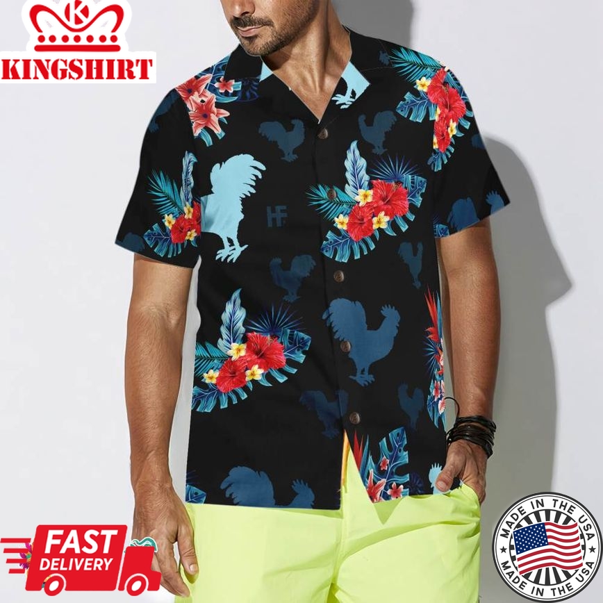 Rooster In Tropical Blue Hawaiian Shirt