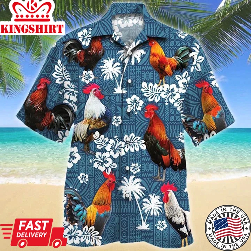 Rooster Lovers Blue Tribal Trendy Hawaiian Shirt, Chicken Trendy Hawaiian Shirts, Rooster Aloha Shirt For Men, Hawaii Shirt Woman