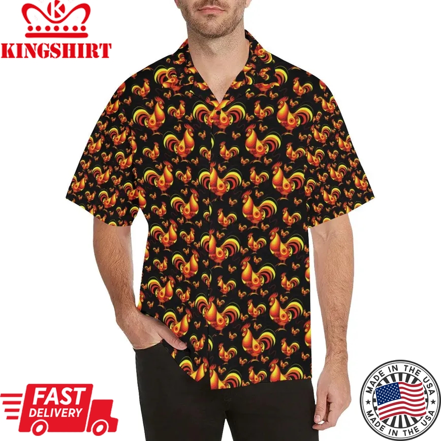 Rooster Print Themed Trendy Hawaiian Shirt, Chicken Lover Trendy Hawaiian Shirt For Summer Gifts