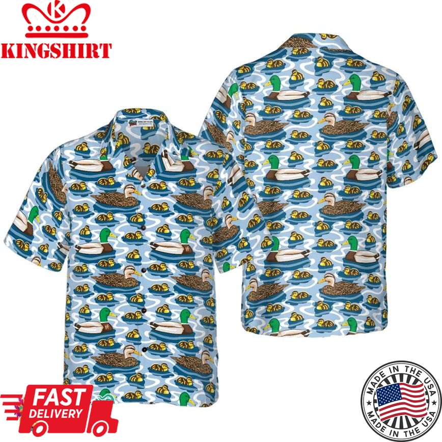 Rouen Duck Family Swimming Hawaiian Shirt, Arctic Blue Pond Texture Hawaiian Shirt