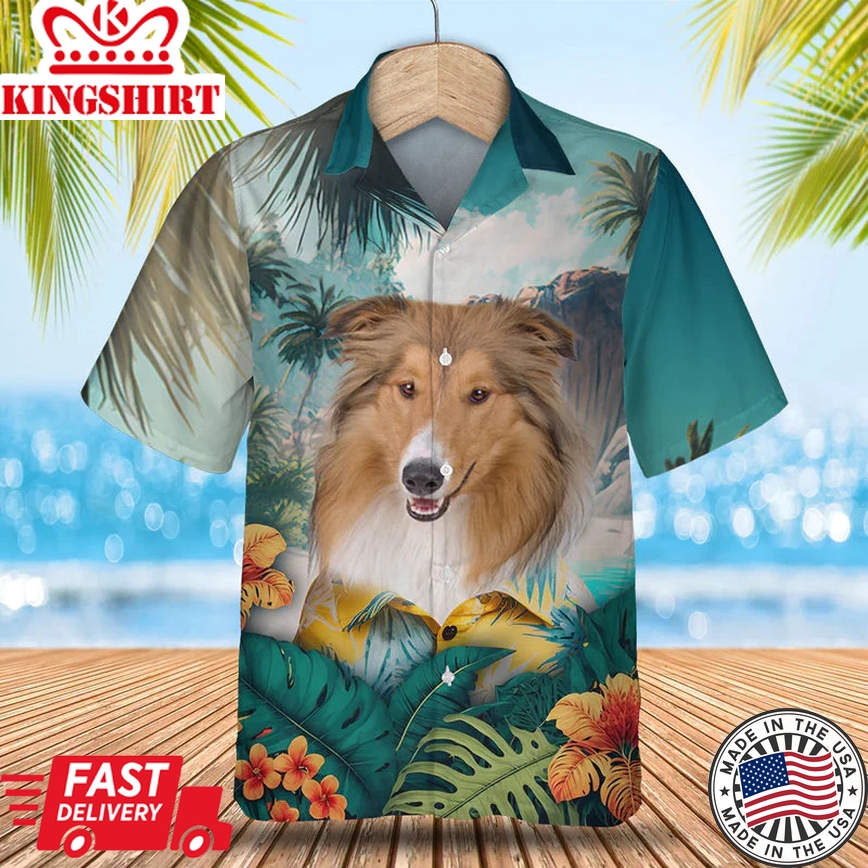 Rough Collie 3D Tropical Trendy Hawaiian Shirt, Dog Lover Trendy Hawaiian Shirt, Summer Trendy Hawaiian Shirt For Men And Women