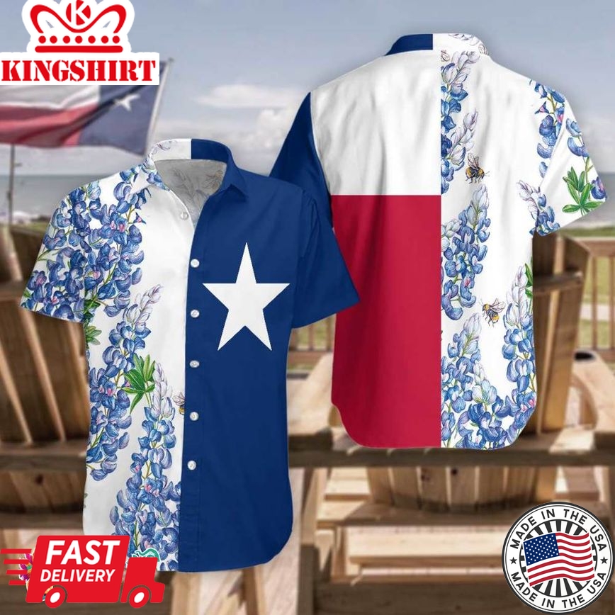 Royal Blue Bluebonnet Texas Hawaiian Shirt, Floral Texas Flag Shirt Horizontal Version, Proud Texas Shirt For Men