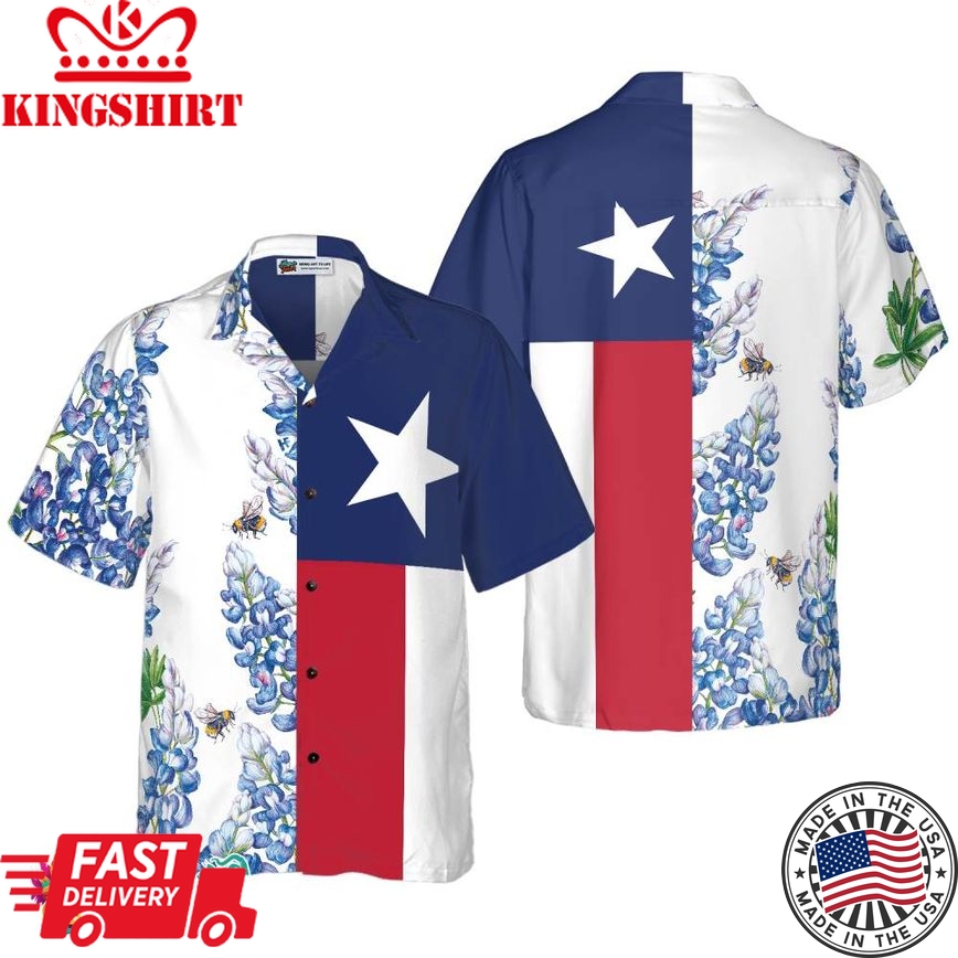 Royal Blue Bluebonnet Texas Hawaiian Shirt, Floral Texas Flag Shirt Vertical Version Italic Star, Proud Texas Shirt For Men