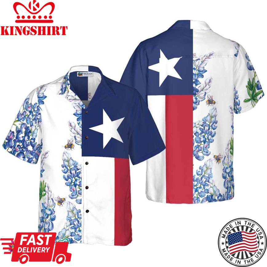 Royal Blue Bluebonnet Texas Hawaiian Shirt, Floral Texas Flag Shirt Vertical Version, Proud Texas Shirt For Men