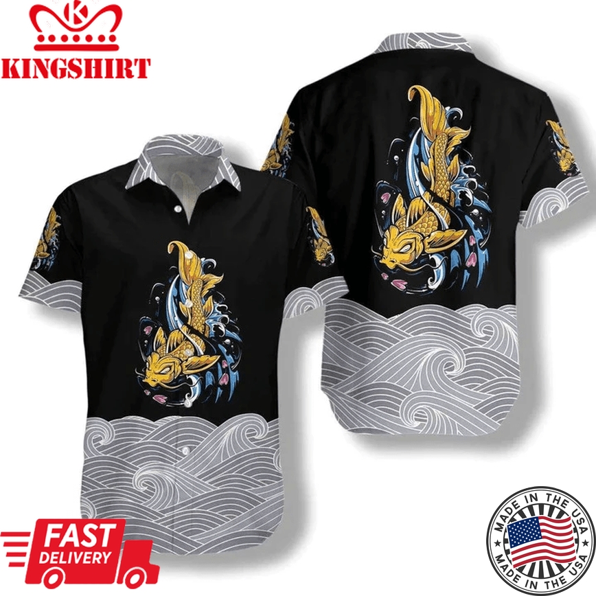 Royal Golden Koi Fish On Waves Trendy Hawaiian Shirt