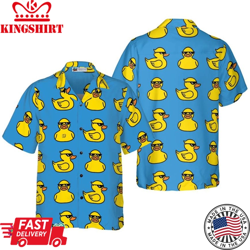 Rubber Yellow Duck Hawaiian Shirt, Blue Water Toy Duck With Sunglasses Hawaiian Shirt