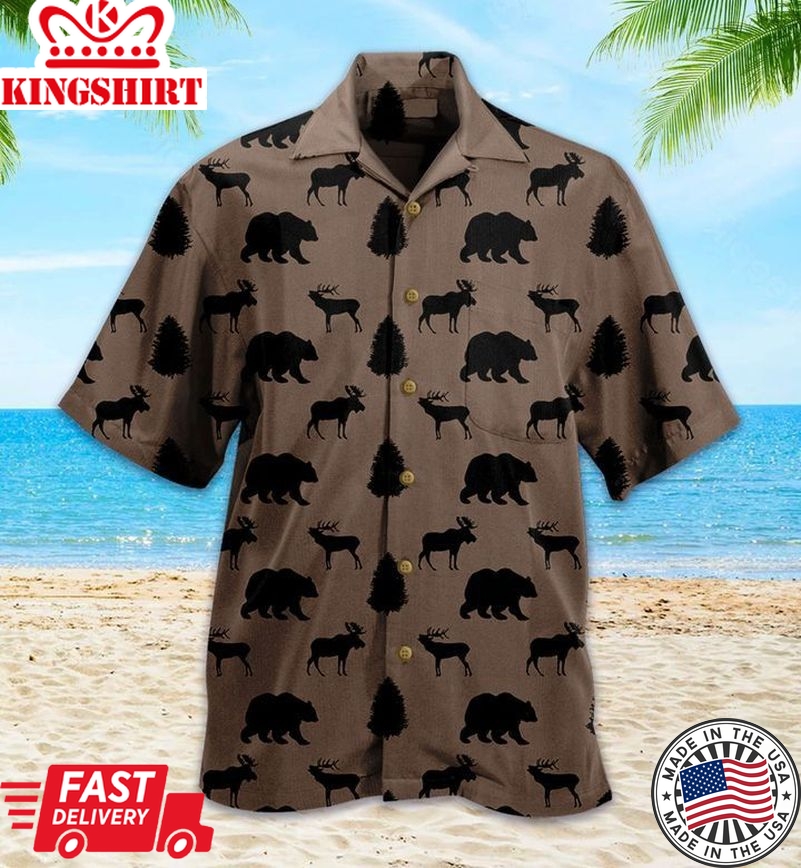 Rustic Bear And Moose Brown Trendy Hawaiian Shirt 3D Summer Gifts