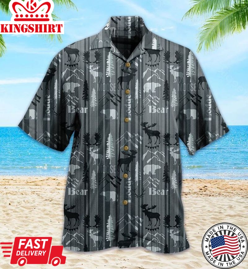 Rustic Deer Moose And Bear Grey Trendy Hawaiian Shirt 3D Summer Gifts