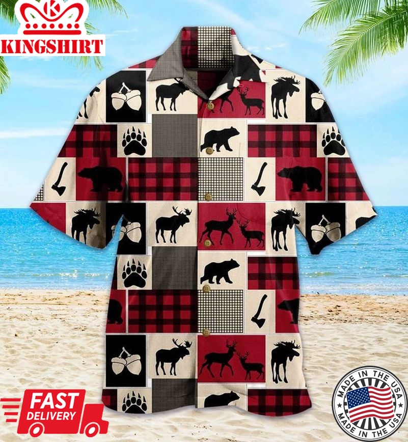 Rustic Moose And Bear Red Vintage Trendy Hawaiian Shirt 3D Summer Gifts