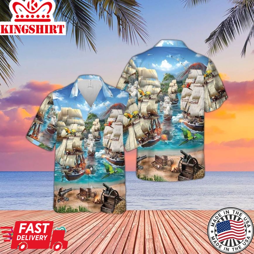 Sailing Ship In The See Hawaiian Shirt, 3D Hawaiian Aloha Shirt, Tropical Hawaiian Shirt, Summers Shirt, Vacation Shirt, Group Shirt