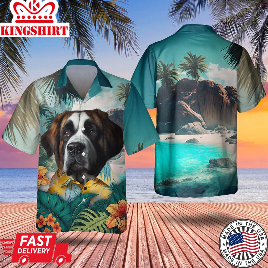 Saint Bernard 3D Tropical Trendy Hawaiian Shirt, Dog Lover Trendy Hawaiian Shirt, Summer Trendy Hawaiian Shirt For Men And Women