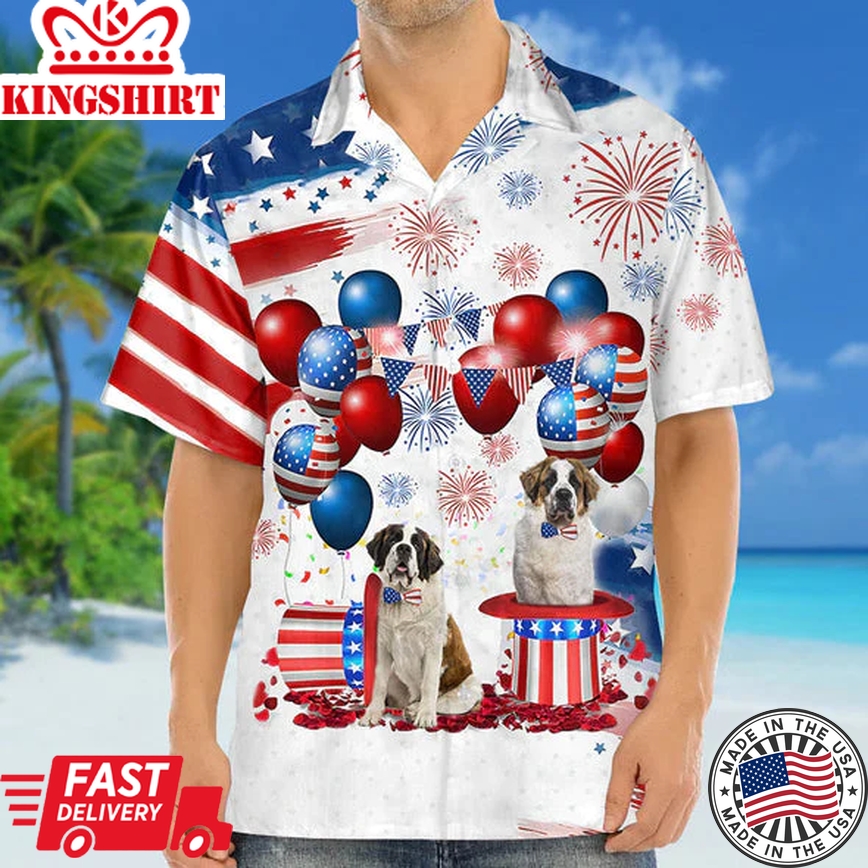 Saint Bernard Independence Day Trendy Hawaiian Shirt For Men And Women, 4Th Of July Trendy Hawaiian Shirt