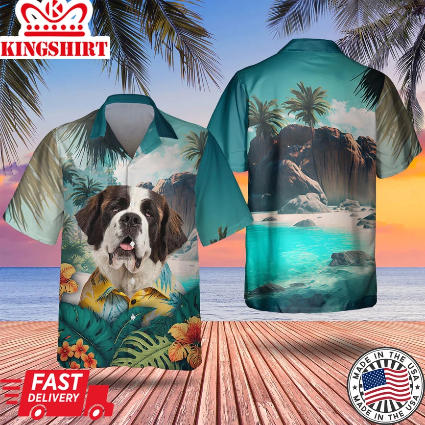 Saint Bernard Tropical Trendy Hawaiian Shirt, Dog Lover Trendy Hawaiian Shirt, Summer Gift For Men And Women